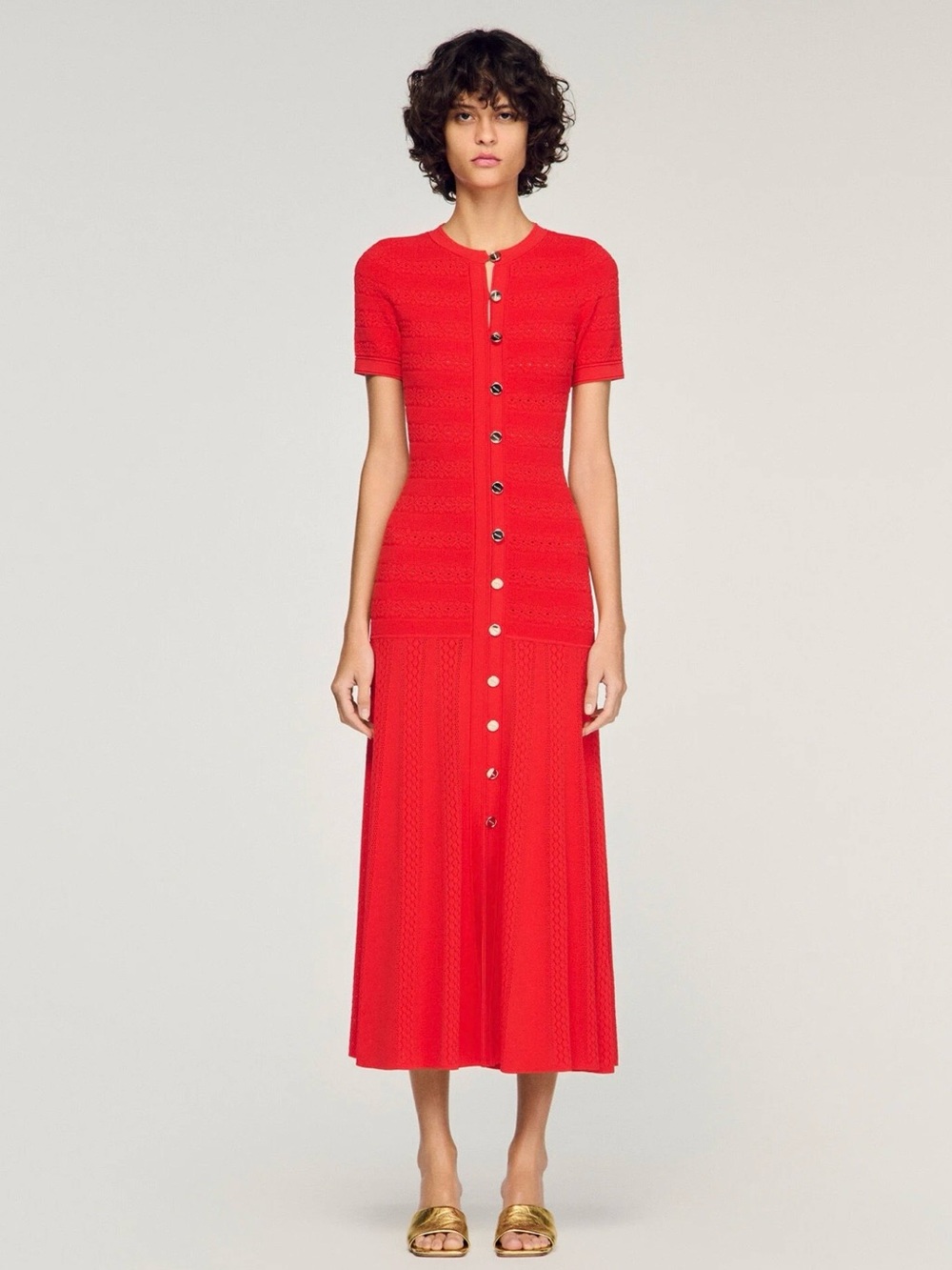 Red Button-Front Maxi Dress with Short Sleeves XS
